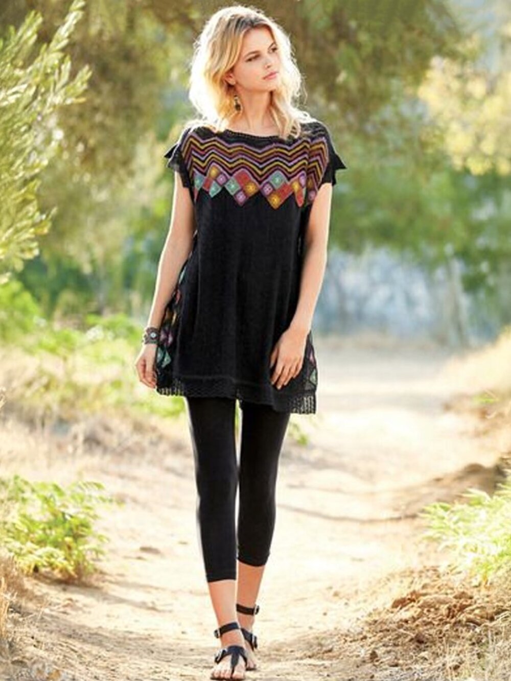 Peruvian Connection Pima Cotton Samburu Caftan Black Crochet Knit Tunic Top XS/S
